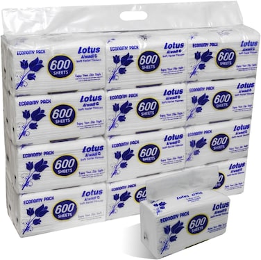 600 Sheets, 24 Facial Tissue Bundle Boxes in 1 Pack, 600 x 1 ply - Lotus Al wadi for All Areas in Your Home (14,400 Total Tissues)