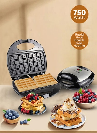 Sonashi 2-Slice Waffle Maker with Non-Stick Waffle Plate for Easy Use and Cleaning, Featured with Cool Touch Body, Handle Lock and Indicator Lights 750 W SWM-873 Black/Silver