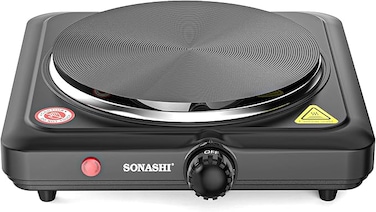 Sonashi Single Electric Hot Plate with Adjustable Temperature Control, Light Indicator, Auto Thermostat with Non-Slip Feet 1500W SHP-612N Black