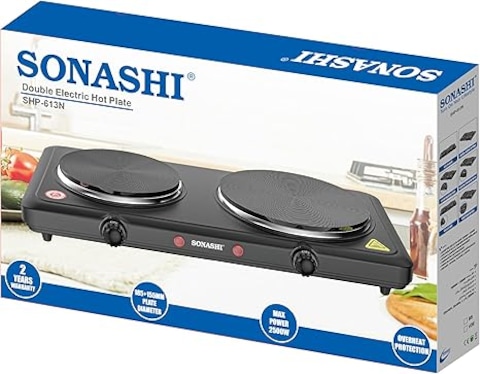 Sonashi Double Electric Hot Plate with Adjustable Temperature Control and Overheat Protection   On/Off Indicator Light  Auto Thermostat /2500 W SHP-613N Black