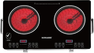 Sonashi Double Burner Infrared Cooker - 4 Digit LED Display, Multi-Stage Power Settings With Knob Control And Touch Control, Portable And Compact Infrared Cooker SIS-017C Black