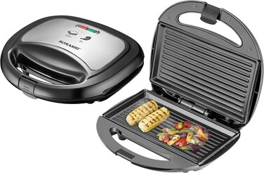 Sonashi 2 Slice Grill Maker - Non-Stick, Stainless Steel Sandwich Maker With Handle Locking System, Indicator Light, Overheat Protection, 750W, SGT-883, Black/Silver