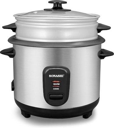 Sonashi 1.5L Rice Cooker With Stainless Steel Housing And Removable Cooking Pot, Auto Shut Off Feature With Non-Stick Coating, Tempered Glass Lid With Cooking And Warming System, 500W, SRC-415, Silver