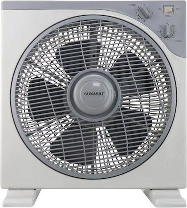 Sonashi 12 Inch Box Fan - 3 Speed Selector, Powerful Box Fan With Rotating Front Louver, Kids Safe Fan With Protective Grill, Travel-friendly Box Fan - Quiet Operation, SBF-7036, White/Grey