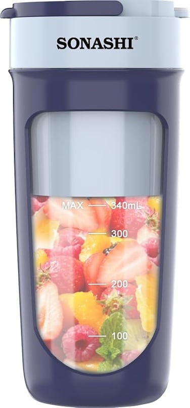Sonashi Rechargeable Portable Blender   Stainless Steel Sharp Blades - Perfect for Juices &amp; Smoothies   1 Button Control and LED Light Indicator   Easy Clean and Carry   SPB-294 Blue 340ML 40W
