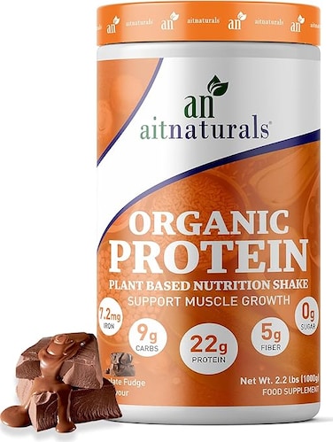 Aitnaturals Plant Based Organic Protein Powder Chocolate Fudge 1Kg - 25 servings, 22g protein per serving