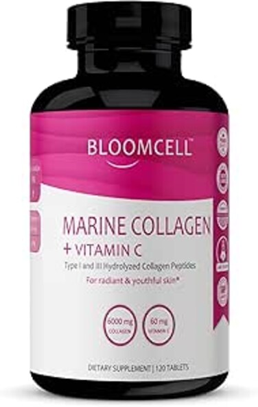 Bloomcell Marine Collagen (Hydrolyzed Collagen Peptides Type I &amp; II) + Vitamin C- 120Tablets