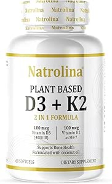 Natrolina Plant Based Vitamin D3 + K2 (100 mcg), Supports Bone Health - 60 Softgels