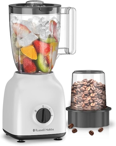 Russell Hobbs 400W Blender With Mill, 1.5 Liters Smoothie Maker, Multifunction High Speed Mixer Grinder For Coffee Beans, Spices &amp; Nuts, 2 Speeds &amp; Pulse Function Bwm101 White
