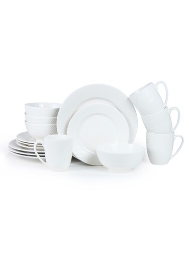 INSIA 16-piece Dinnerware Set, Dinner Set, Kitchen Dinnerware Porcelain Ceramic Crockery Set, Dinner Service Set for 4, 26.7 cm Dinner Plate, 20.3 cm Side Plate, 15.2 cm Bowls, 350 ml Mugs - White