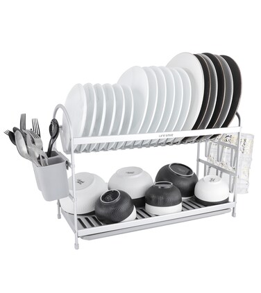 Life Smile 2 Tier Aluminium Dish Rack with Anti-Slip Rubber Feet and Cup Holder