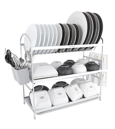LIFE SMILE Dish Rack - 3 Tier Countertop Dish Drying Stand With Removable Drip Tray - Pure Aluminum with Cutlery Holder and Cups Holder - Anti Slip and Rust Proof Dish Drainer