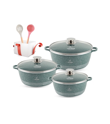 LIFE SMILE Pots Set 8 pieces - Kitchen Cookware set, Granite Non Stick Coating, Die Cast aluminum 100% PFOA FREE include Casseroles &amp; Silicone Utensils (Green (20/24/28CM))