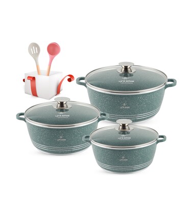 LIFE SMILE Pots Set 8 pieces - Kitchen Cookware set, Granite Non Stick Coating, Die Cast aluminum 100% PFOA FREE include Casseroles &amp; Silicone Utensils (Green (24/28/32CM))