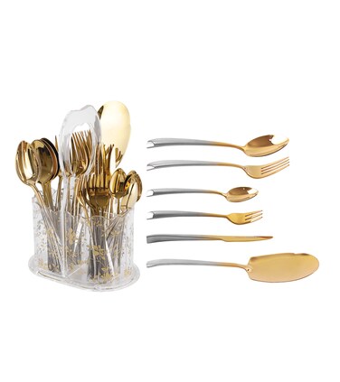 LIFE SMILE Cutlery Set, 18/10 Pure Stainless Steel Flatware Set with Stand, Rust Proof &amp; Fade Proof Dinnerware Set (GOLD GRADIENT, 63 Pieces)