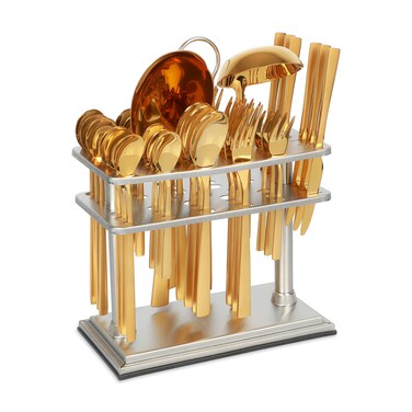 LIFE SMILE Cutlery Set, 18/10 Pure Stainless Steel Flatware Set with Stand, Rust Proof &amp; Fade Proof Dinnerware Set (SHINE GOLD &amp; SAND BLASTING HANDLE, 38 Pieces)