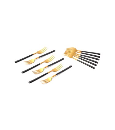 LIFE SMILE - 12pcs Cutlery Set, 18/10 Stainless Steel, Flatware Set, 12pcs Cake Fork, Shiny Gold Head &amp; Black Handle, for Home Kitchen, Mirror Polished