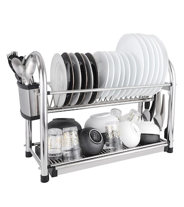 LIFE SMILE Dish Rack - 2 Tier Countertop Dish Drying Stand With Removable Drip Tray - 18/10 Stainless Steel with Utensil Holder and Cups Holder - Anti Slip and Rust Proof Dish Drainer