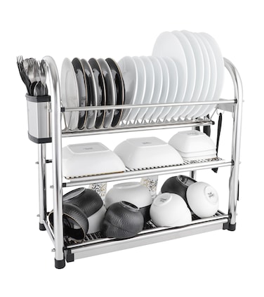 LIFE SMILE Dish Rack - 3 Tier Countertop Dish Drying Stand With Removable Drip Tray - 18/10 Stainless Steel with Utensil Holder and Cups Holder - Anti Slip and Rust Proof Dish Drainer