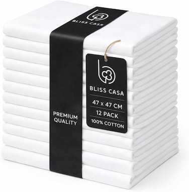 Biss Casa Dinner Cloth Napkins Set of 12 (47x47 cm),100% Cotton Ultra Soft Premium Hotel Quality Cloth Napkins, Reusable &amp; Washable Dinner Cloth Napkins -White