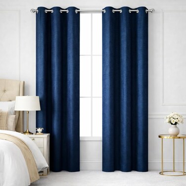ستائر نافذة Bliss Casa Indigo Lite مكونة من قطعتين مقاس 240 × 140 سم - ستائر ذات فتحات صلبة خفيفة الوزن لغرفة النوم وغرفة المعيشة - ستائر ناعمة لتصفية الضوء