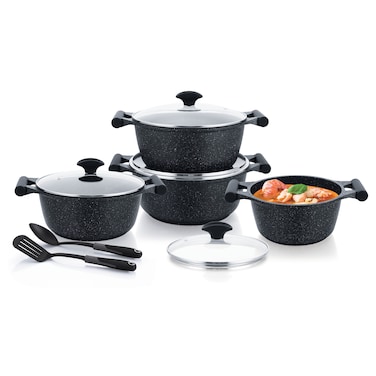 Prestige Essential 10 pcs Cookware Sets   Granite Stone Pots and Pans Set   Granite Non-Stick Cooking Set   Induction Cooking Sets - Black