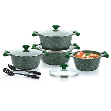 Prestige Essential 10 pcs Cookware Sets   Granite Stone Pots and Pans Set   Granite Non-Stick Cooking Set   Induction Cooking Sets - Green