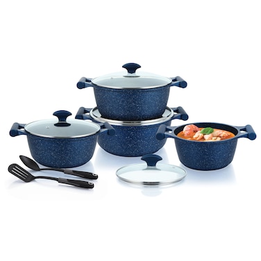 Prestige Essential 10 pcs Cookware Sets   Granite Stone Pots and Pans Set   Granite Non-Stick Cooking Set   Induction Cooking Sets - Blue
