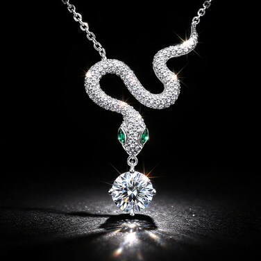 SUCHI 1ct Moissanite Diamond Snake pendant Necklace, white GOLD plated, 1 Carat Pendant, pure S925 Sterling Silver, with GRA certificate