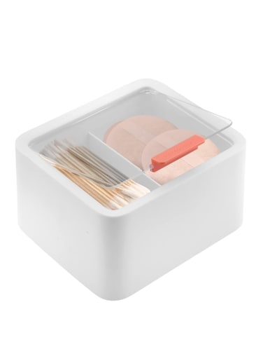 Pink 2 Section Cotton Pad &amp; Q-Tip Storage Organizer with Lid, Multi-Use Dispenser Box for Bathroom Accessories.