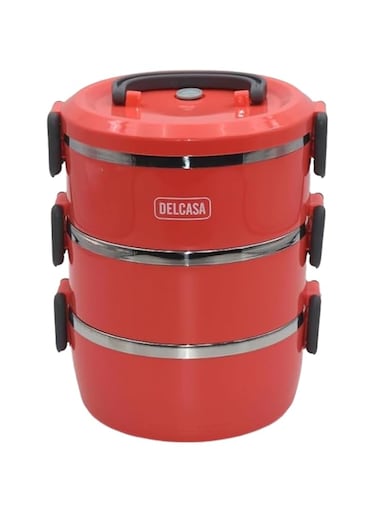 Delcasa Round Lunch Box with 3 Layer Stainless Steel Inner, Red