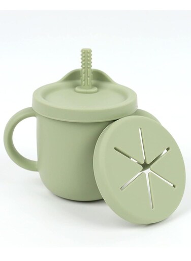Toddler Sippy Cup with Lid, Kids Snack Container 2-in-1, Kids Water Bottle with Straw 8.5 oz (Olive Green)