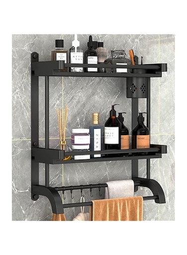Strayelf Bathroom Shelf with Towel Bars, Wall Mounted Bathroom Shelf, Shower Storage Rack with Brush Holder, Storage Organizer Shelf with cup holder for Bathroom, Kitchen (2 Tier)