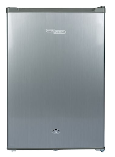 Super General Mini Compact Refrigerator 90L Gross - 76L Net Capacity, Beverage-Fridge With Child Lock, Shelf, Freezer-Box, Reversible Door SGR045HS Silver