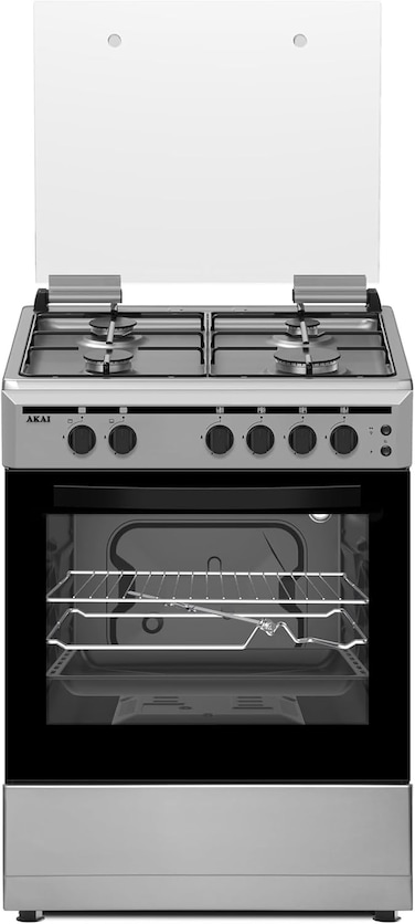 AKAI 60X55cm Freestanding Gas Cooker with 4 Burners, Automatic Ignition &amp; Full Safety, Enamelled Pan Support, Gas Oven &amp; Gas Grill 60X55X80Cm Made in Turkey CRMA-66SCN