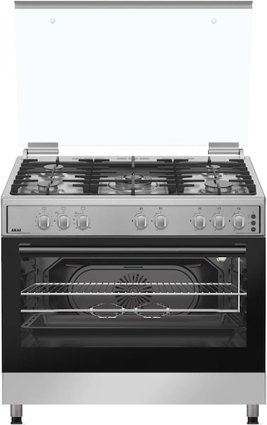 AKAI 90X60 Freestanding Gas Cooker With 5 Burner, Automatic Ignition &amp; Full Safety, Cast Iron Pan Support, Gas Oven &amp; Gas Grill WITH FAN 90X60X80Cm Made in Turkey CRMA-960SCF