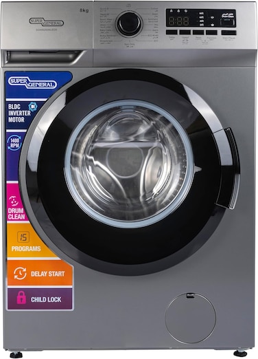 Super General 8Kg Front Load Washing Machine 1400 RPM LED Display  15 Wash Programs Child Lock And Quick Wash, Silver SGW8250NLEDS