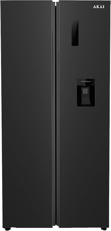 Akai Side by Side Refrigerator with Water Dispenser, 600L Gross Capacity, Inverter Compressor, No Frost, Recessed Handle, Electronic Display Temperature Control, Multi Air Flow, Titanium