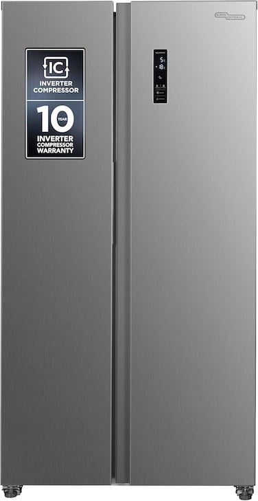 Super General 600 Liters Gross Side-By-Side Refrigerator-Freezer SGR710SBSSE, Inverter Compressor, Digital Control, Tempered Glass Shelves, 91x59x177cm (WxDxH), Inox Finish, 10-Years Inverter Warranty