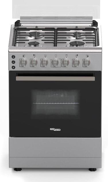 Super General 60 x 60 cm Freestanding Gas Cooker, Gas Oven &amp; Grill with Rotisserie, Oven Lamp, Ignition Button, Stainless Steel Cooktop, 4-Burner Full Safety, Silver SGC6170MSFS