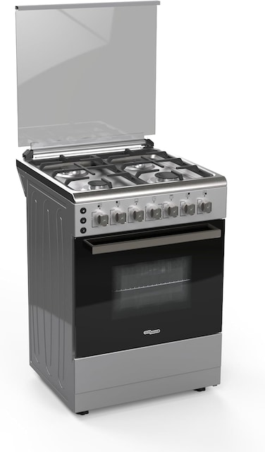Super General 60 x 60 cm Freestanding Gas Cooker, Gas Oven &amp; Grill with Rotisserie, Stainless Steel Cooktop, Auto Ignition, 4-Burner, Cast Iron Grid, Silver SGC6175MSFS