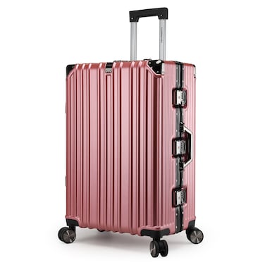 Cabinpro Lightweight Aluminum Frame Fashion Luggage Trolley Polycarbonate Hard Case Medium Checked Luggage with 4 Quite 360&deg; Double Wheels CP001 Rose Gold