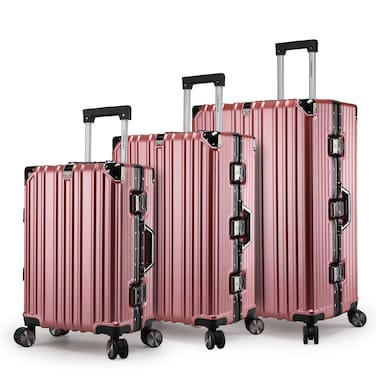 Cabinpro Lightweight Aluminum Frame Fashion Trolley Luggage Set of 3 Polycarbonate Hard Shell Suitcase with 4 Quite 360&deg; Double spinner wheels CP001 Rose Gold