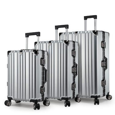 Cabinpro Lightweight Aluminum Frame Fashion Trolley Luggage Set of 3 Polycarbonate Hard Shell Suitcase with 4 Quite 360&deg; Double spinner wheels CP001 Silver