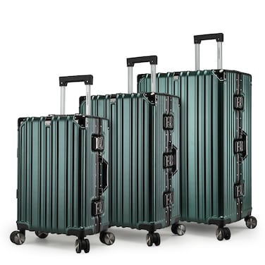 Cabinpro Lightweight Aluminum Frame Fashion Trolley Luggage Set of 3 Polycarbonate Hard Shell Suitcase with 4 Quite 360&deg; Double spinner wheels CP001 Dark Green