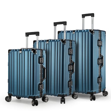 Cabinpro Lightweight Aluminum Frame Fashion Trolley Luggage Set of 3 Polycarbonate Hard Shell Suitcase with 4 Quite 360&deg; Double spinner wheels CP001 Dark Blue
