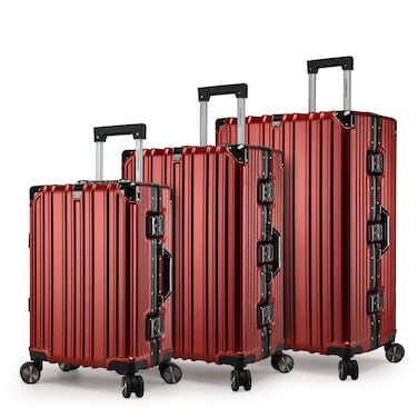 Cabinpro Lightweight Aluminum Frame Fashion Trolley Luggage Set of 3 Polycarbonate Hard Shell Suitcase with 4 Quite 360&deg; Double spinner wheels CP001 Maroon