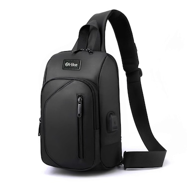 Hike Crossbody Sling Bag Synthetic Water Resistant Unisex Small Shoulder Bag with Built in USB Port for Business Travel Outdoor Shopping, HK2032, Black
