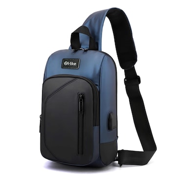 Hike Crossbody Sling Bag Synthetic Water Resistant Unisex Small Shoulder Bag with Built in USB Port for Business Travel Outdoor Shopping, HK2032, Blue