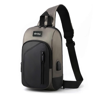 Hike Crossbody Sling Bag Synthetic Water Resistant Unisex Small Shoulder Bag with Built in USB Port for Business Travel Outdoor Shopping, HK2032, Light Grey